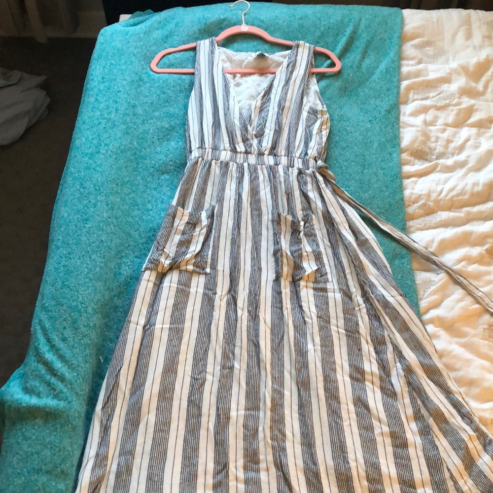 Black and white striped midi dress with pockets